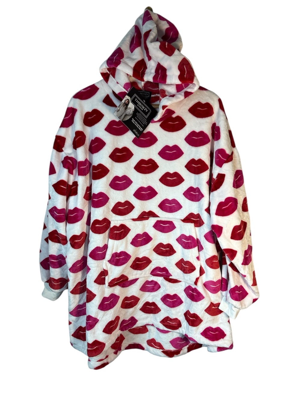 Throwzy Lips Mouth Hooded Blanket Plush Fleece Wearable Cozy One Sz Dorm Lounge